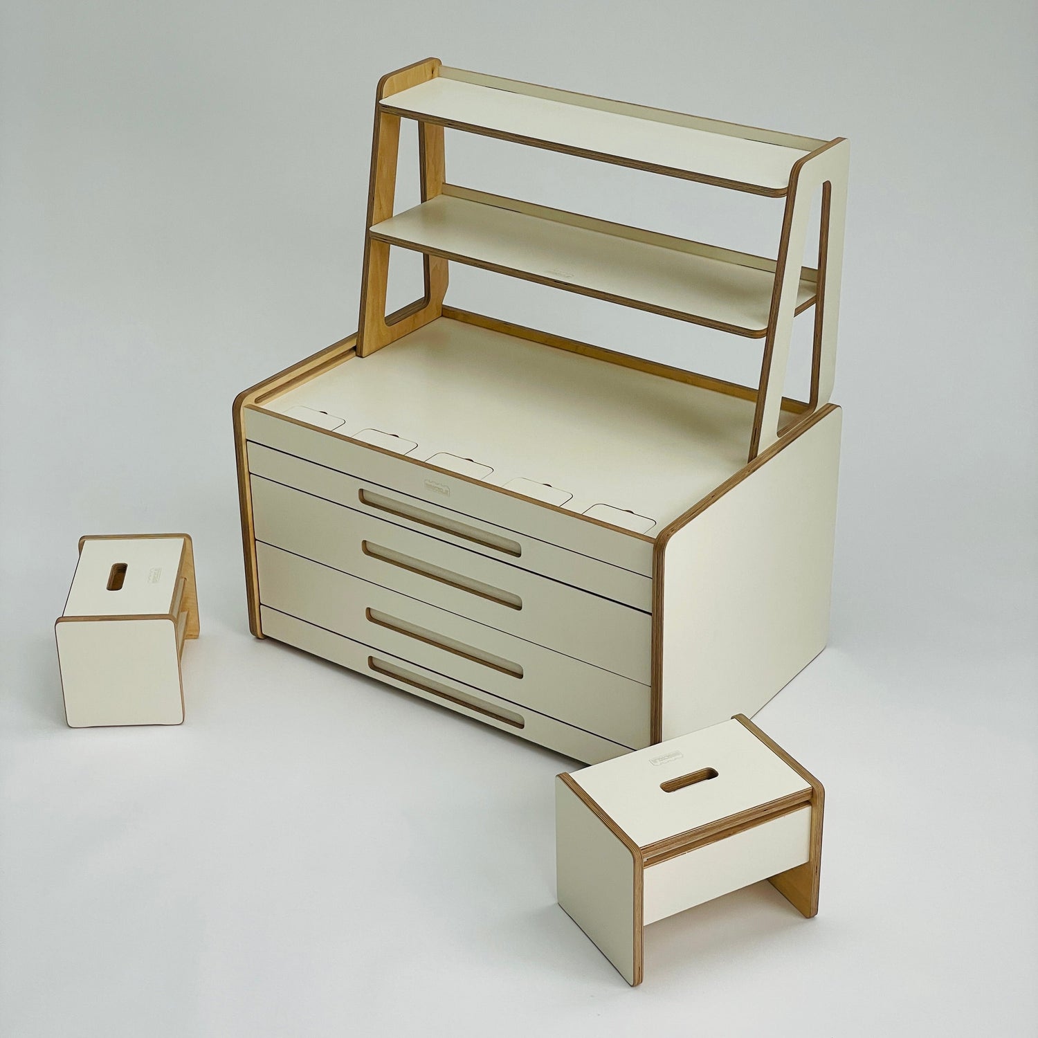 Brickle LEGO storage system with shelves and stools