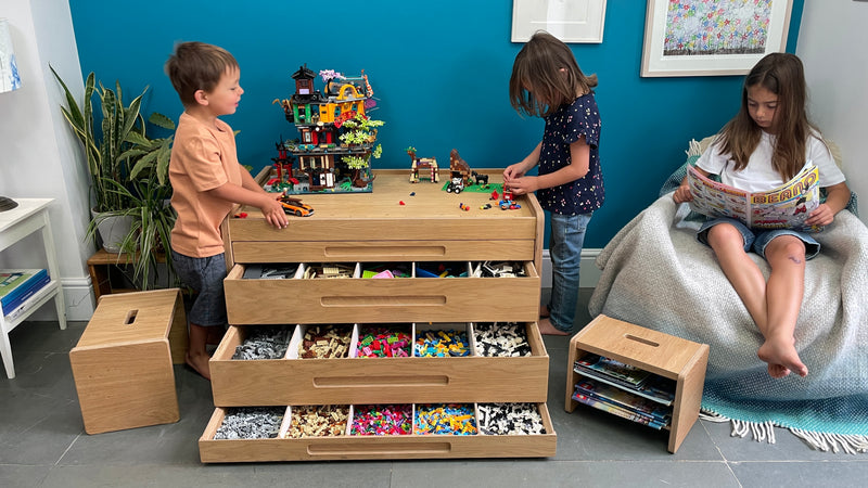 Oak Brickle and stools with LEGO on Play deck