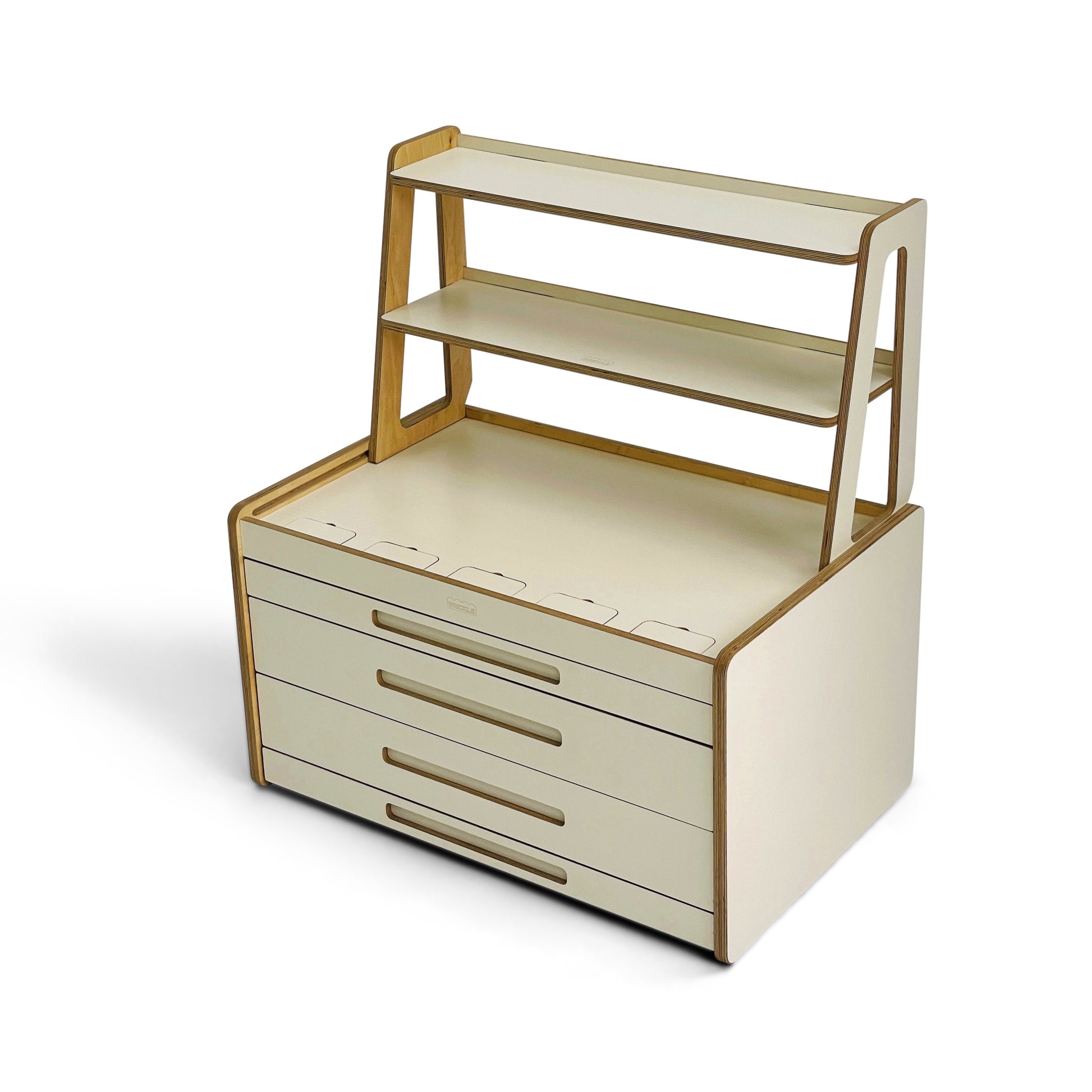 Cream Brickle LEGO storage unit — with shelves