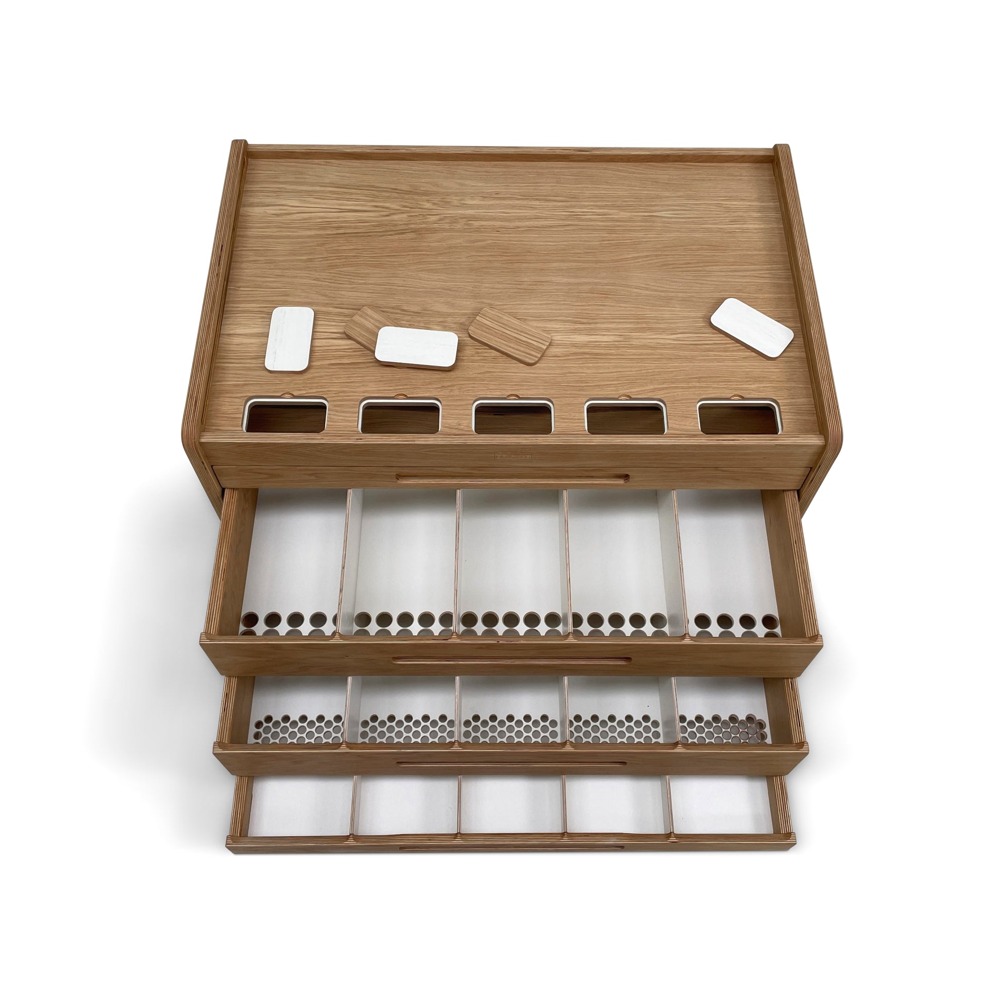 Oak Brickle drawer compartments for filtering LEGO bricks